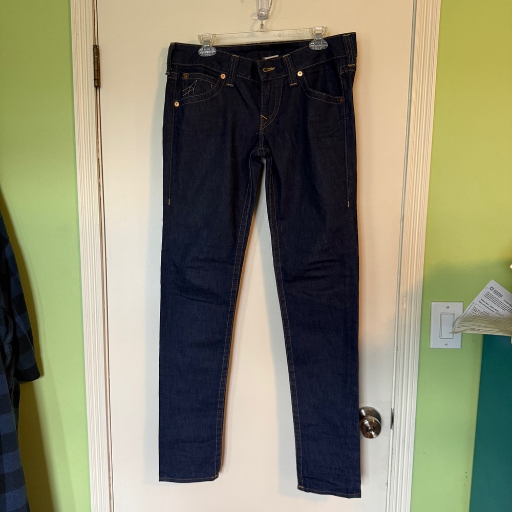 True Religion Blue Straight Leg Jeans Classic Style - yellow button